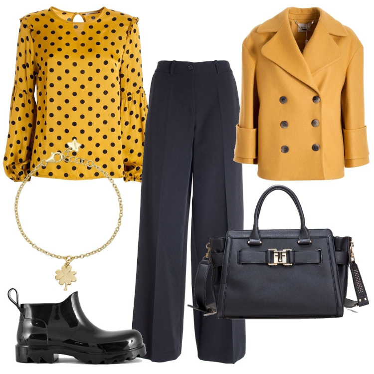 Outfit donna - Pantaloni palazzo in ufficio. Stile Trendy per Ufficio. Abbinamento con braccialetti con ciondoli, caban, pantaloni a palazzo, bluse, borse tote, stivali.