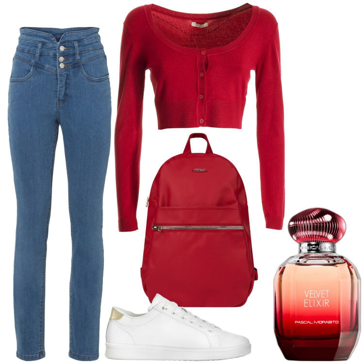 Outfit donna - Total look #1956602. Stile Basic per Scuola/Università. Abbinamento con jeans skinny, sneakers, profumi, cardigans, zaini.