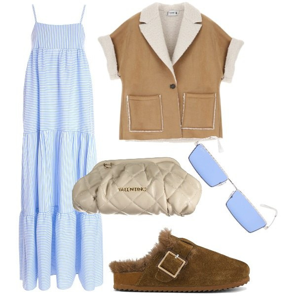 Outfit donna - Verso l\'autunno. Stile Urban per Tutti i giorni. Abbinamento con vestiti lunghi, blazer, sabot, occhiali da sole, borse a mano.