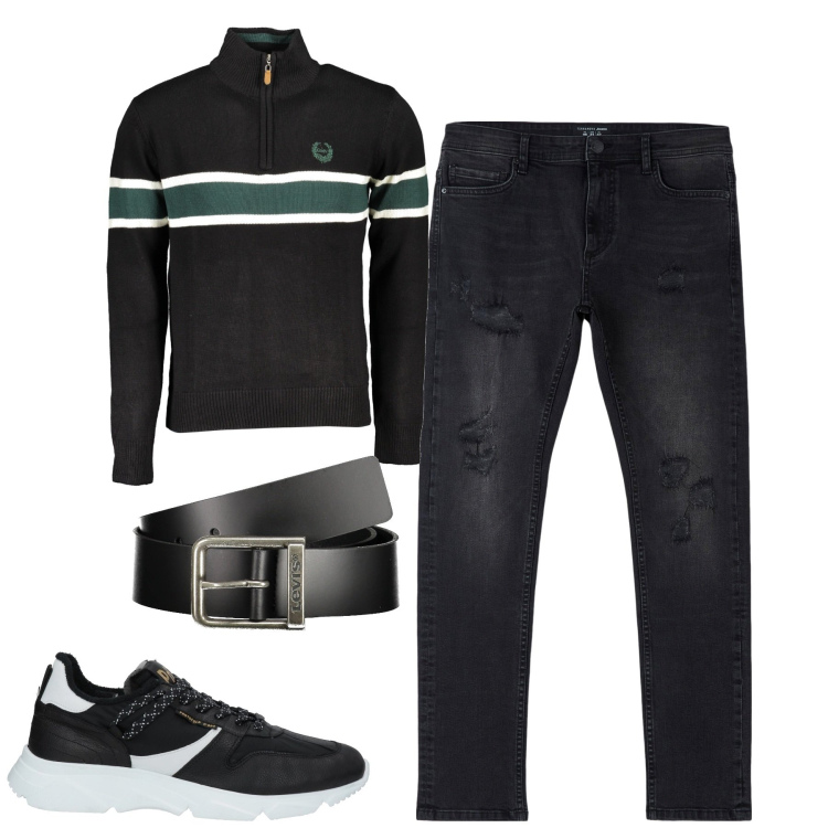 Outfit uomo - Settembre. Stile Casual per Tutti i giorni. Abbinamento con sneakers, jeans strappati, cinture, maglieria.