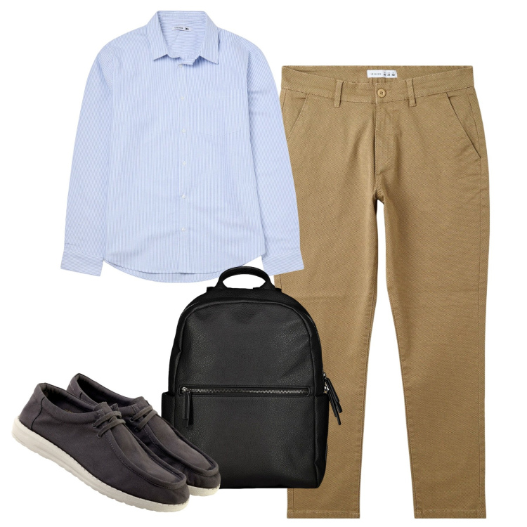 Outfit uomo - City. Stile Urban per Tutti i giorni. Abbinamento con pantaloni chino, camicie, borse sportive, scarpe stringate.