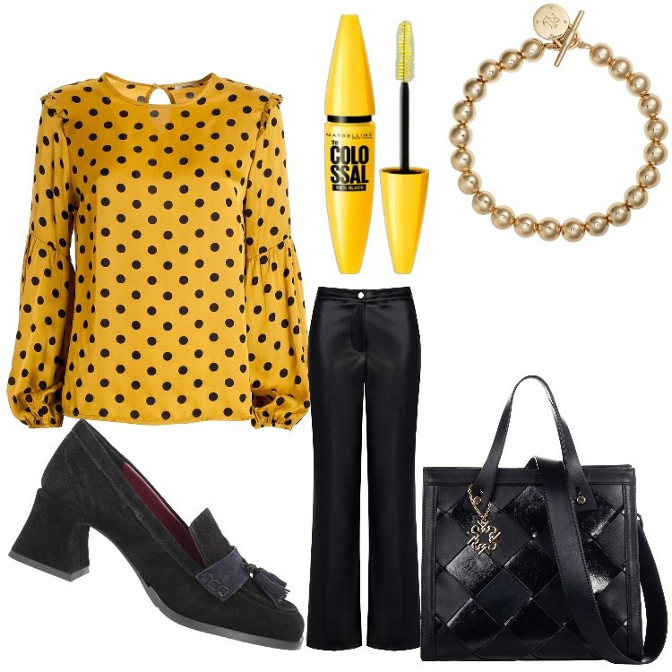 Outfit donna - Pazza per i pois. Stile Casual chic per Ufficio. Abbinamento con mocassini, mascara, pantaloni, borse a mano, bluse, braccialetti.