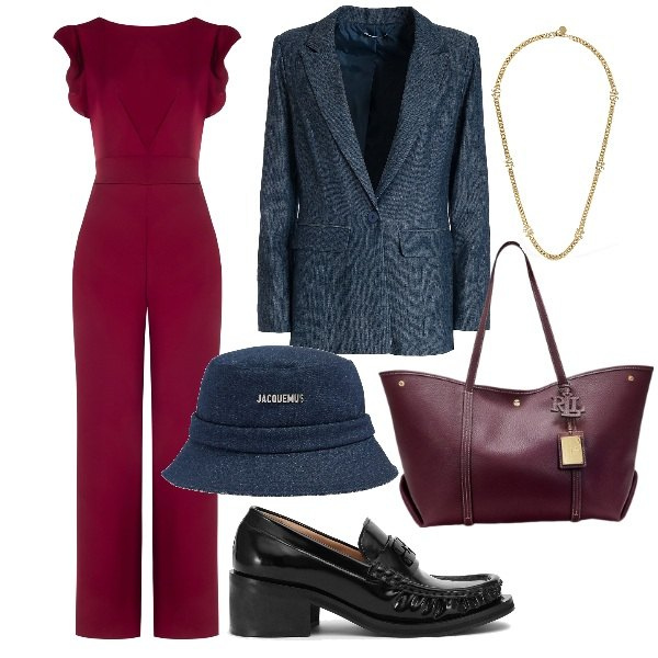 Outfit donna - Burgundy di tendenza. Stile Trendy per Ufficio. Abbinamento con tute, blazer, borse tote, mocassini, cappelli, collane.