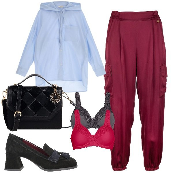 Outfit donna - Burgundy di tendenza. Stile Trendy per Ufficio. Abbinamento con reggiseni, mocassini, borse a tracolla, pantaloni cargo, camicie.