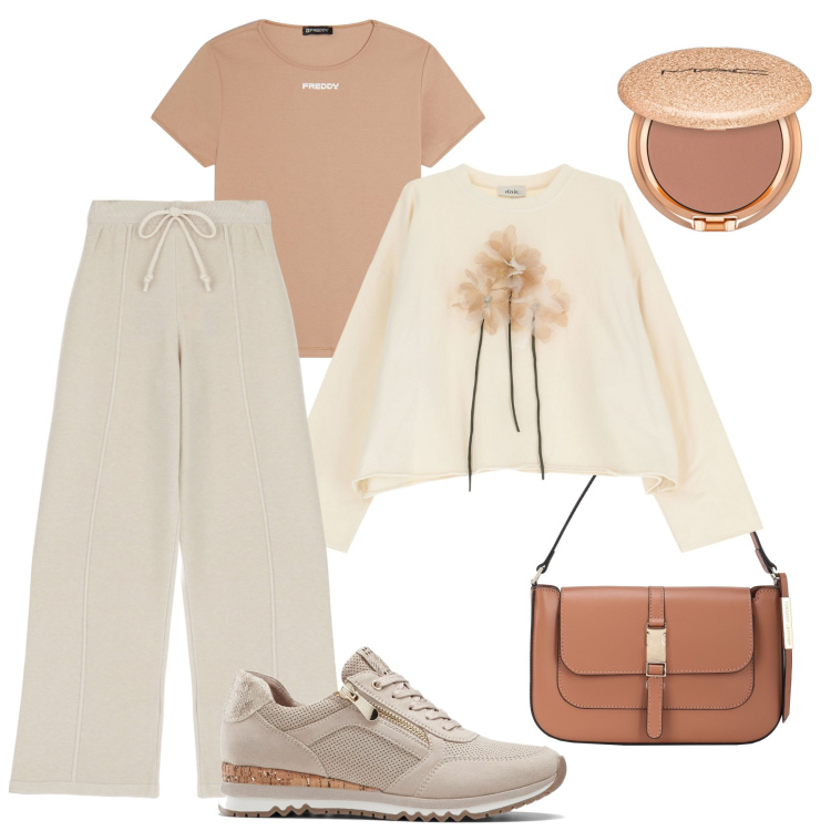 Outfit donna - La felpa con i fiori applicati. Stile Casual per Tutti i giorni. Abbinamento con sneakers, borse a mano, terre, pantaloni, t-shirt, felpe.