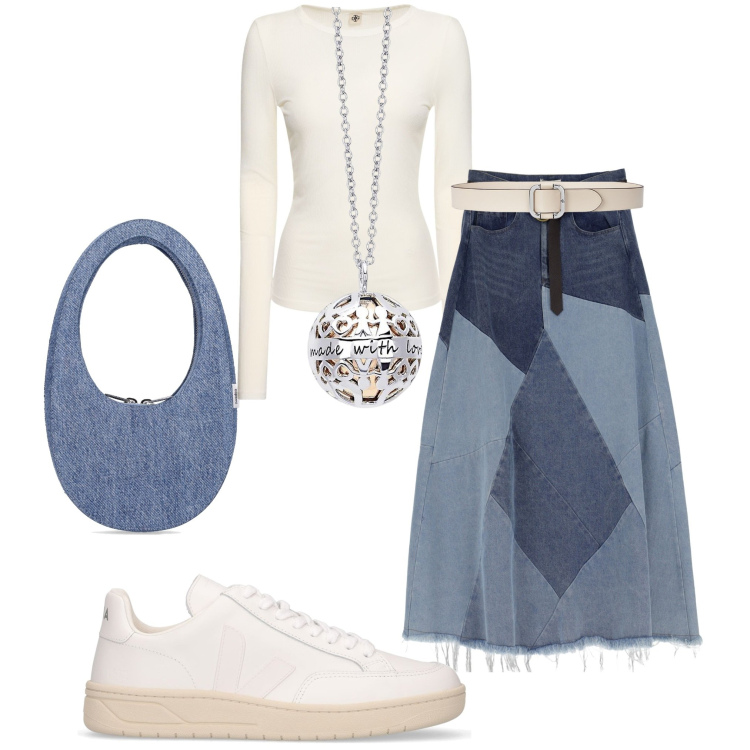 Outfit donna - Gonna in denim. Stile Casual chic per Tutti i giorni. Abbinamento con collane, gonne longuette, cinture, sneakers, t-shirt, borse a mano.