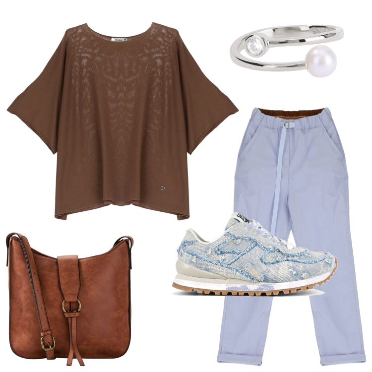 Outfit donna - In ufficio. Stile Casual per Ufficio. Abbinamento con borse a tracolla, anelli, maglieria, pantaloni, scarpe sportive.