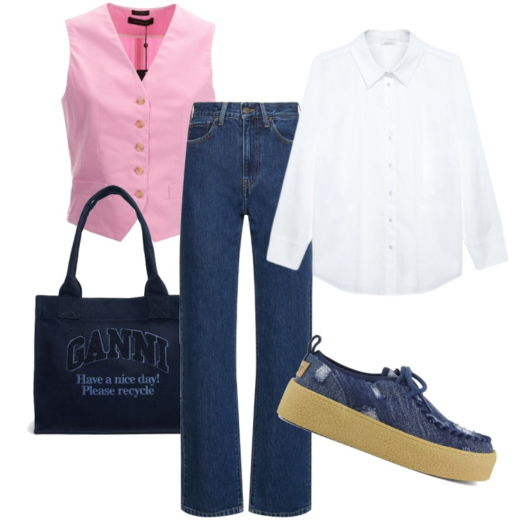 Outfit donna - Il gilet rosa. Stile Trendy per Tutti i giorni. Abbinamento con mocassini, gilet, shopping bag, jeans dritti, camicie.