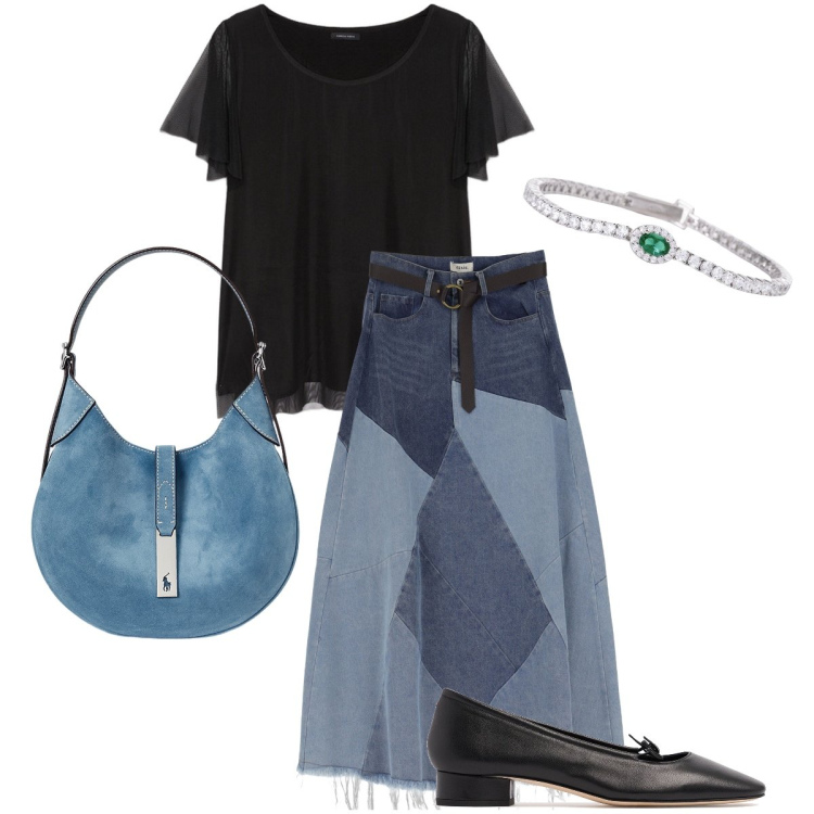 Outfit donna - La gonna con le toppe. Stile Trendy per Serata fuori. Abbinamento con braccialetti, gonne longuette, borse a spalla, ballerine, t-shirt.