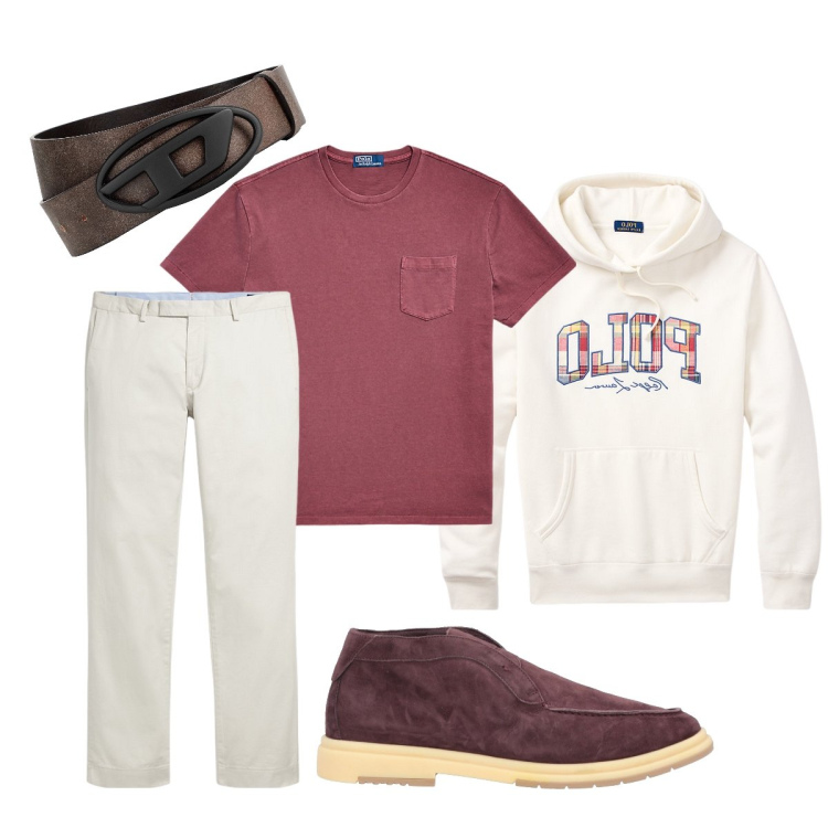 Outfit uomo - Giornata di settembre. Stile Trendy per Serata speciale. Abbinamento con stivali e stivaletti, cinture, pantaloni chino, t-shirt, felpe con cappuccio.