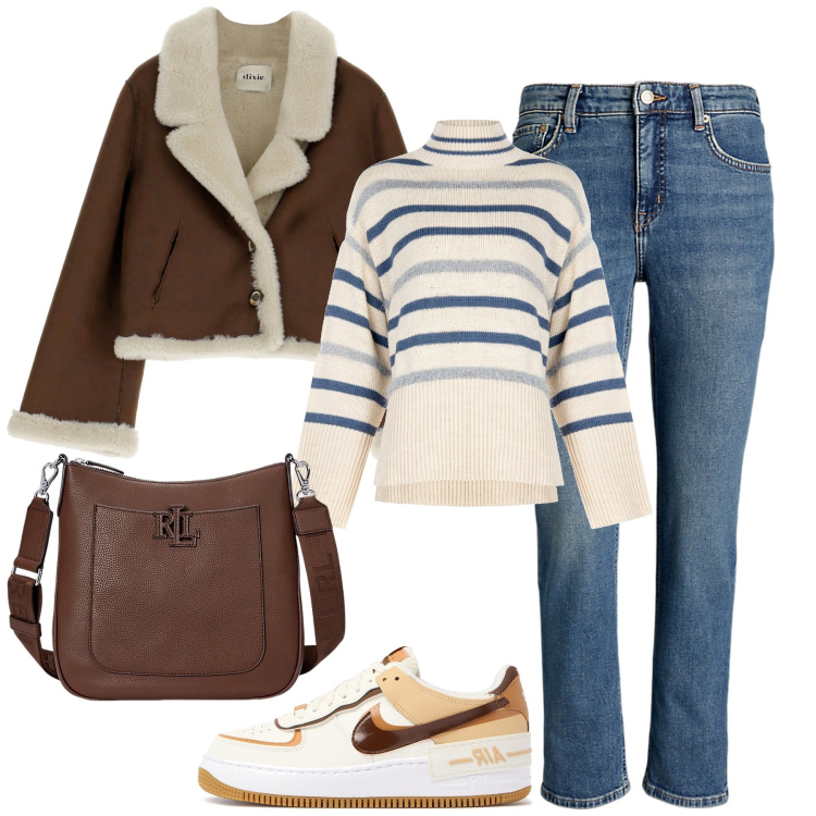 Outfit donna - In città. Stile Casual chic per Tutti i giorni. Abbinamento con maglieria, blazer, borse a tracolla, jeans dritti, sneakers.