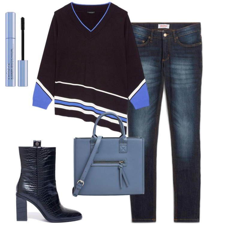 Outfit donna - Un caffè con le amiche. Stile Casual chic per Tutti i giorni. Abbinamento con jeans skinny, mascara, shopping bag, stivaletti, maglieria.