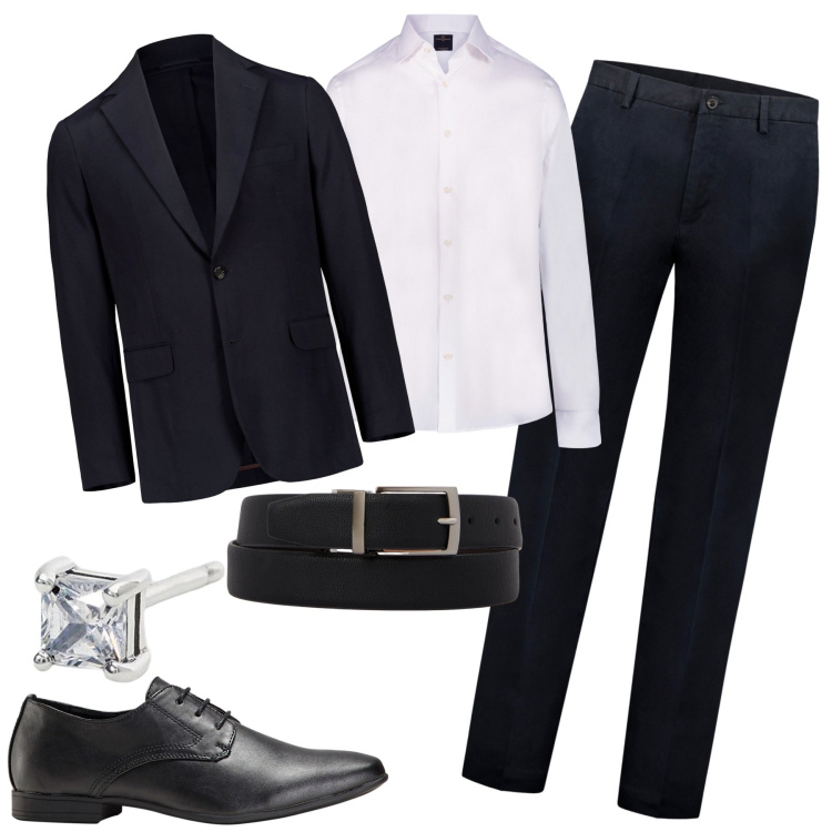 Outfit uomo - Eleganza formale. Stile Business/Elegante per Cerimonia. Abbinamento con scarpe stringate, orecchini, pantaloni, camicie, cinture, giacche.