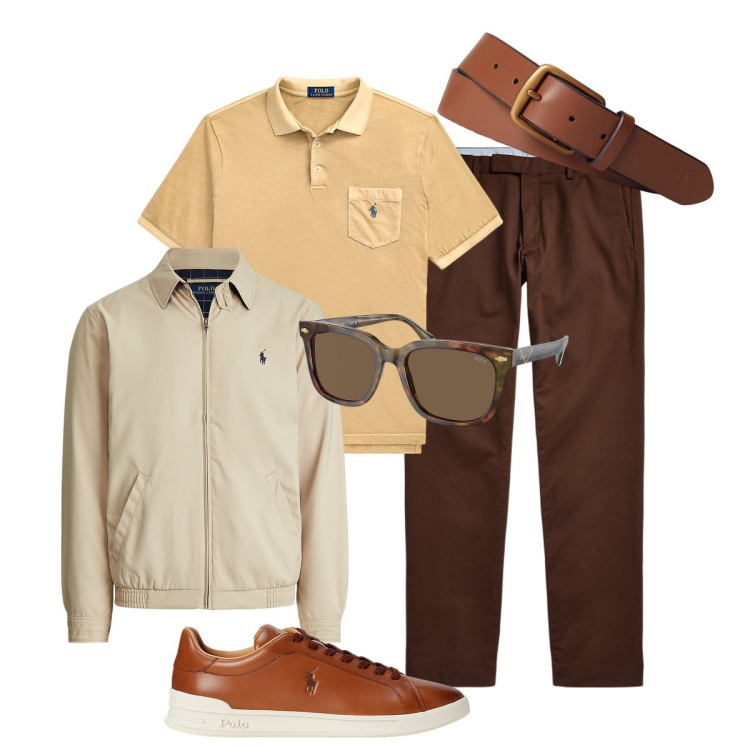 Outfit uomo - Colori autunnali. Stile Trendy per Tutti i giorni. Abbinamento con pantaloni chino, cinture, sneakers, giacche, occhiali da sole, polo.