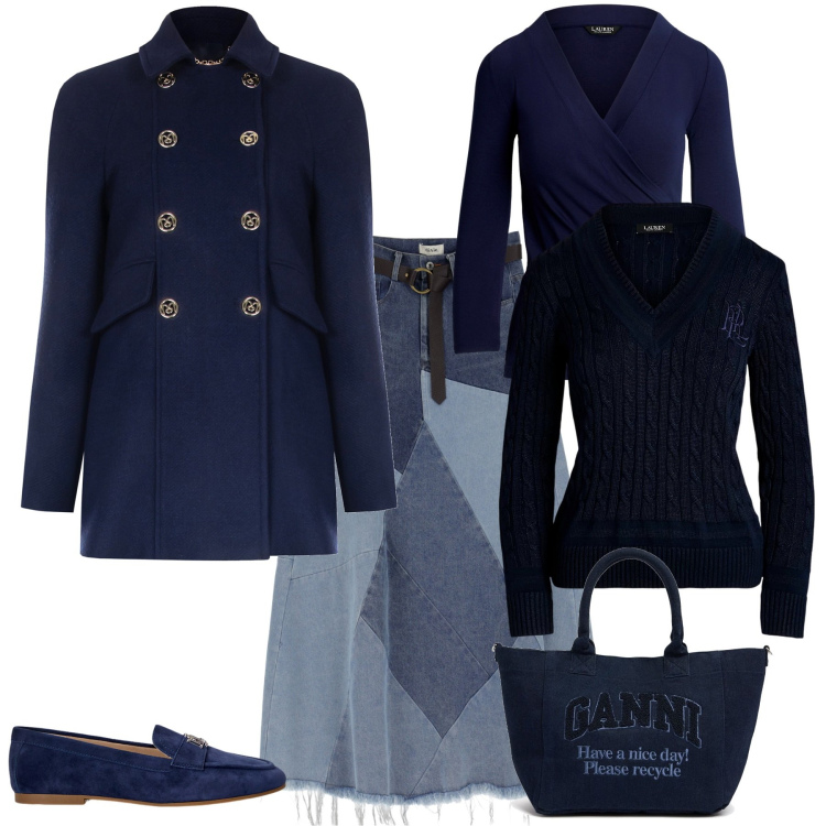 Outfit donna - Total look #1956863. Stile Glamour per Ufficio. Abbinamento con cappotti, gonne longuette, top, maglieria, mocassini, shopping bag.