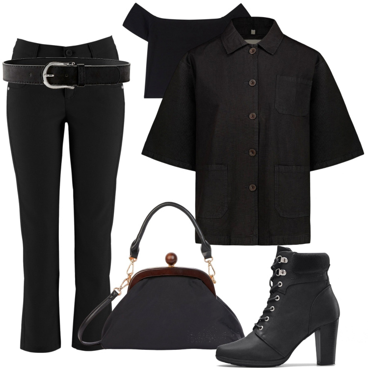 Outfit donna - In Total black. Stile Urban per Ufficio. Abbinamento con pantaloni, stivaletti, cinture, t-shirt, blazer, clutch.