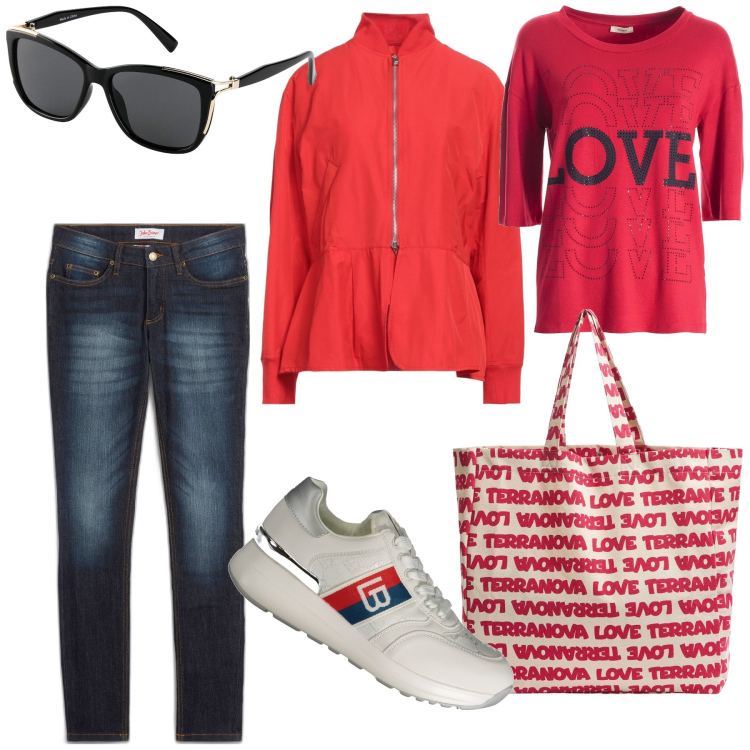 Outfit donna - Total look. Stile Casual chic per Tutti i giorni. Abbinamento con jeans skinny, occhiali da sole, blazer, borse tote, t-shirt, sneakers.