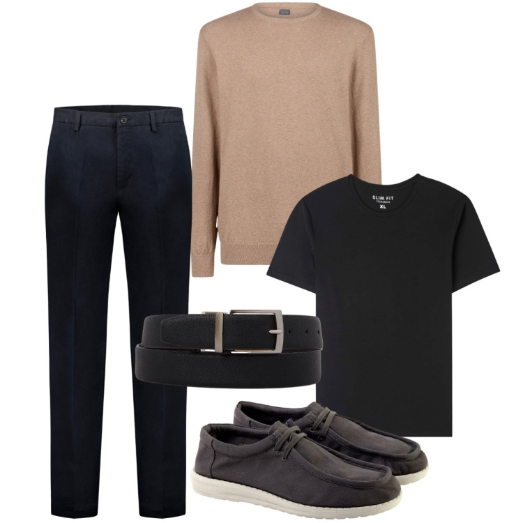 Outfit uomo - Amici a casa. Stile Casual per Serata speciale. Abbinamento con t-shirt, maglieria, pantaloni, scarpe stringate, cinture.