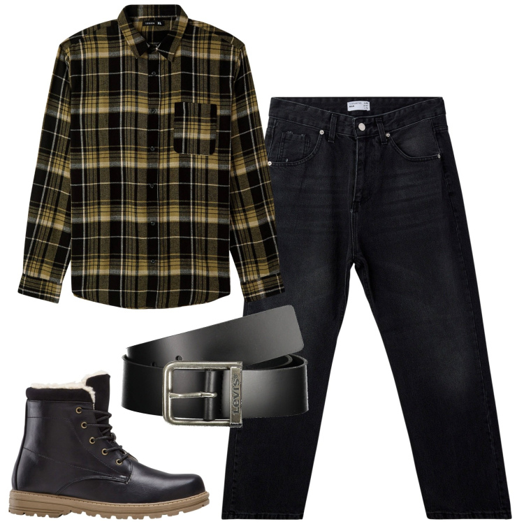 Outfit uomo - City. Stile Casual per Tutti i giorni. Abbinamento con stivali e stivaletti, camicie, jeans, cinture.