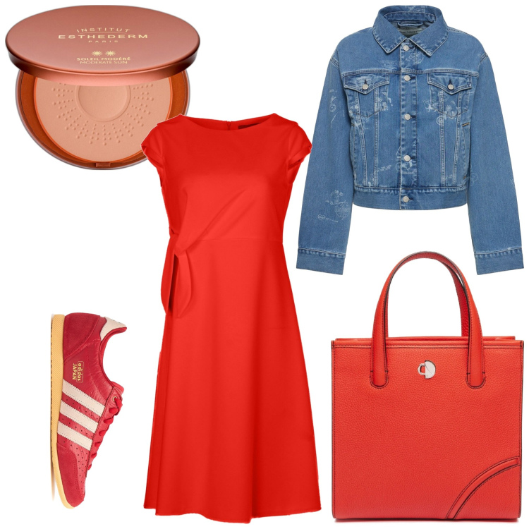 Outfit donna - Rosso in jeans. Stile Casual per Tutti i giorni. Abbinamento con terre, sneakers, vestiti midi/longuette, blazer, shopping bag.