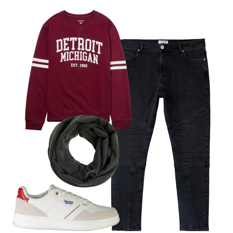 Outfit uomo - Total look #1956904. Stile Casual per Tutti i giorni. Abbinamento con sciarpe, jeans skinny, felpe, sneakers.