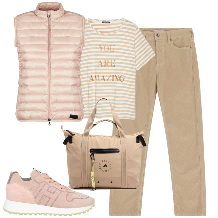 Outfit donna - City. Stile Casual chic per Tutti i giorni. Abbinamento con sneakers, pantaloni, piumini, shopping bag, t-shirt.