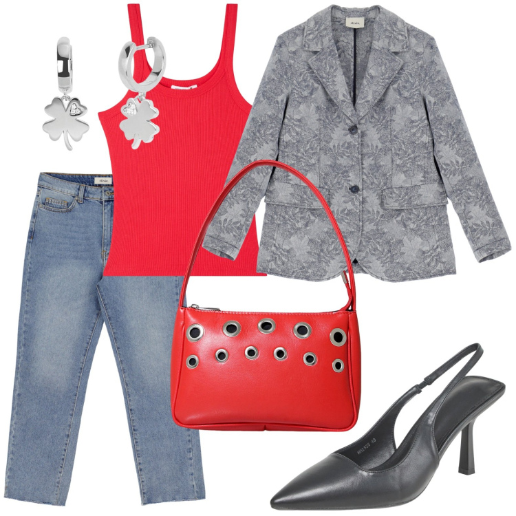 Outfit donna - La borsa con gli oblò. Stile Casual chic per Ufficio. Abbinamento con canottiere, décolleté, orecchini, jeans slim fit, borse a mano, blazer.