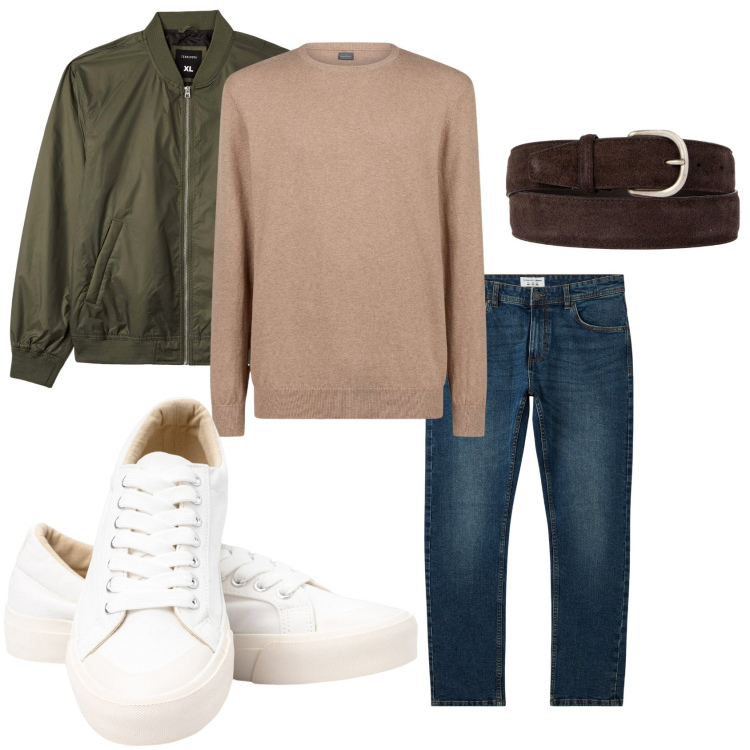 Outfit uomo - Total casual. Stile Casual per Tutti i giorni. Abbinamento con jeans, bomber, maglieria, cinture, sneakers.