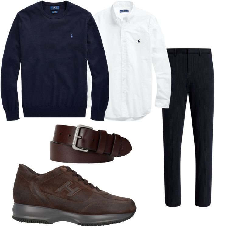Outfit uomo - La serata in blu. Stile Trendy per Tutti i giorni. Abbinamento con sneakers, cinture, maglieria, pantaloni, camicie.