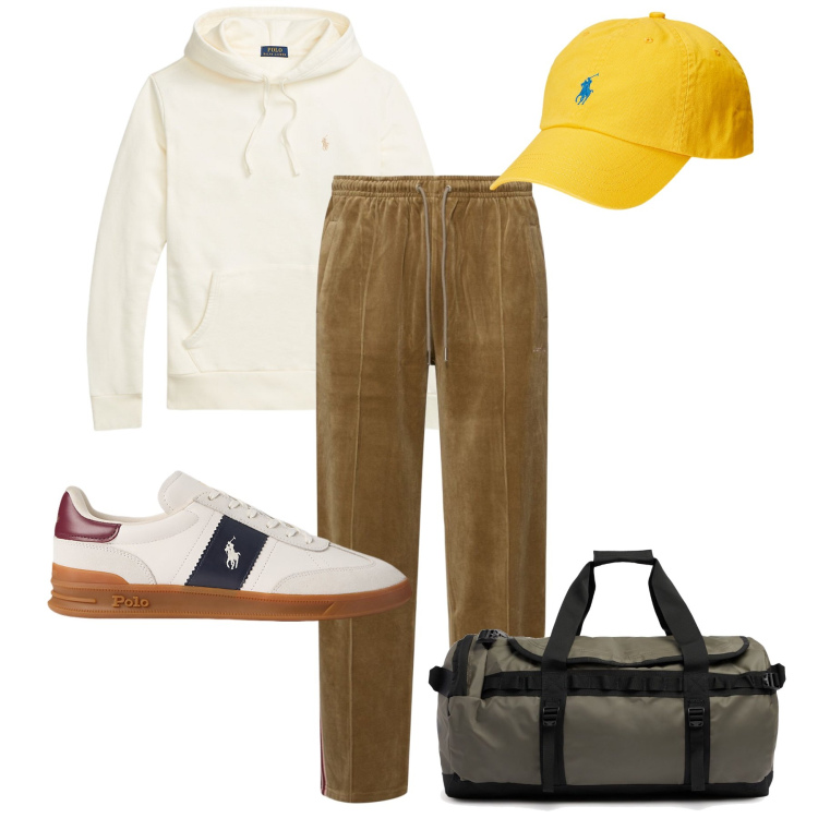 Outfit uomo - Il berretto giallo. Stile Casual per Sport. Abbinamento con felpe con cappuccio, cappelli, sneakers, borse sportive, pantaloni.