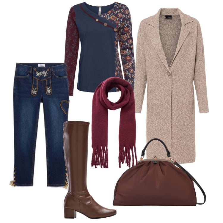 Outfit donna - Boho bavarese vintage style. Stile Boho per Tutti i giorni. Abbinamento con maglieria, cappotti, stivali, jeans, sciarpe, borse a spalla.
