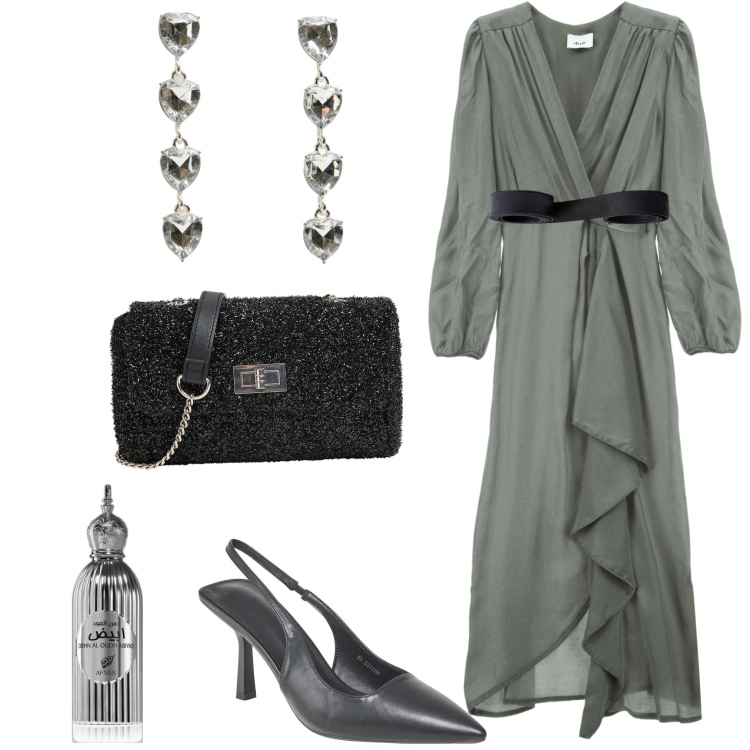 Outfit donna - Cerimonia di fine estate. Stile Chic per Cerimonia. Abbinamento con profumi, orecchini, borse a tracolla, décolleté, vestiti lunghi, cinture.