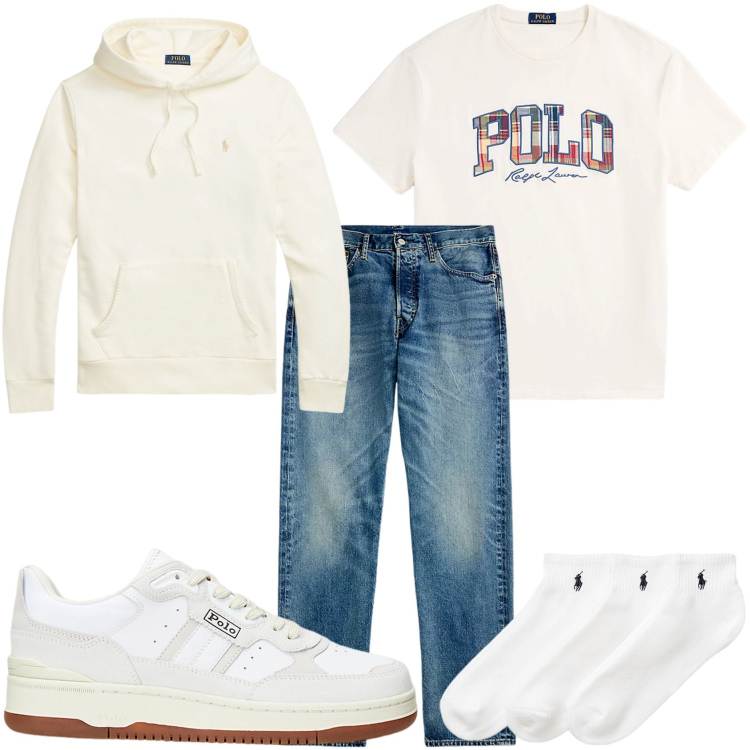 Outfit uomo - Bianco casual. Stile Casual per Tutti i giorni. Abbinamento con felpe con cappuccio, calzini, t-shirt, sneakers, jeans dritti.