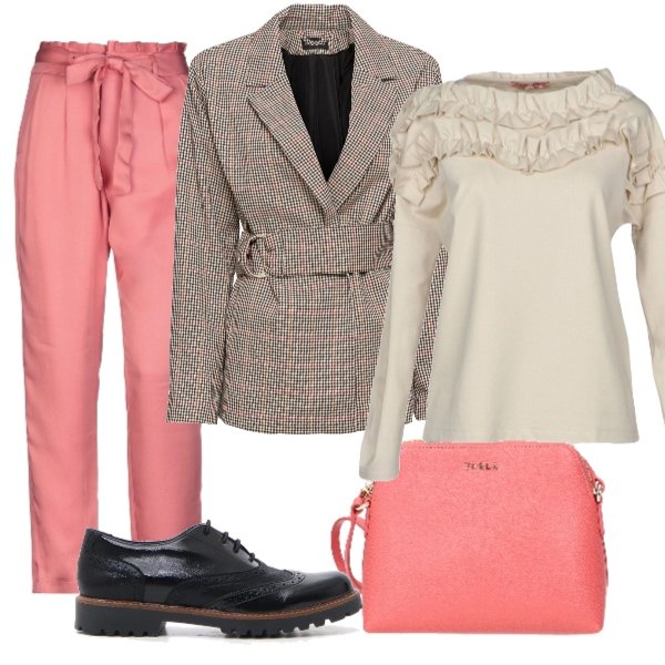 Outfit donna - Trendy d’aut. Stile Trendy per Tutti i giorni. Abbinamento con blusa senza tasche a pois con ruches collo tondo a maniche lunghe jersey rosa, pantalone, blazer con cintura, borse a spalla, scarpe stringate.