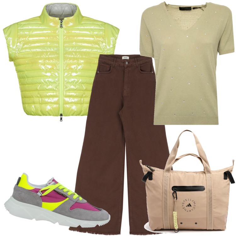 Outfit donna - Total look. Stile Sporty chic per Tutti i giorni. Abbinamento con sneakers, jeans, blazer, shopping bag, t-shirt.