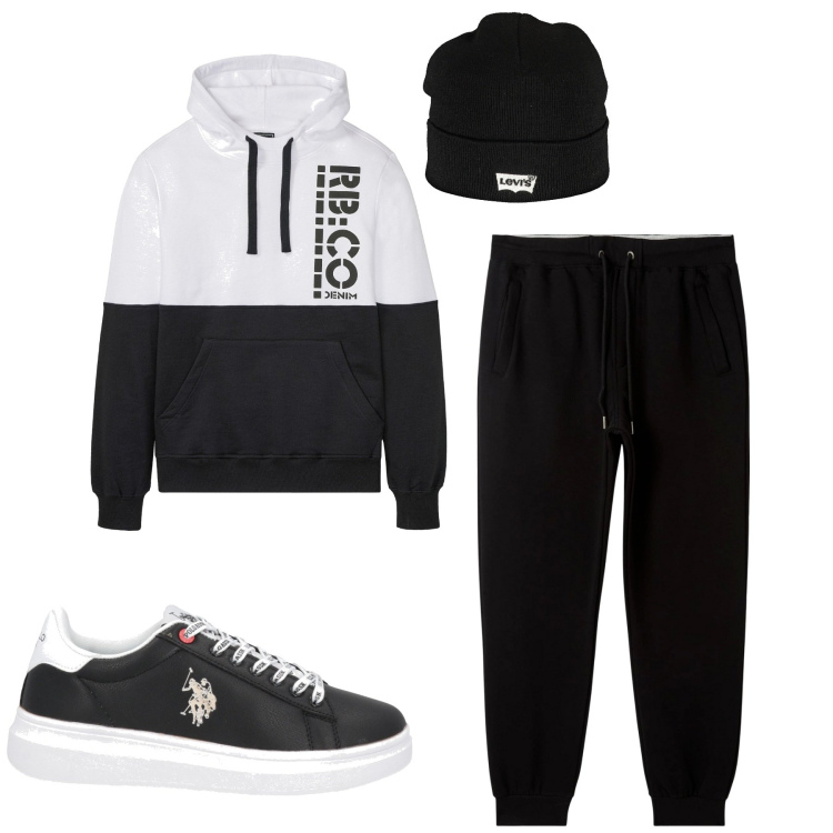 Outfit uomo - Sporty. Stile Casual per Tutti i giorni. Abbinamento con felpe con cappuccio, sneakers, pantaloni, berretti.