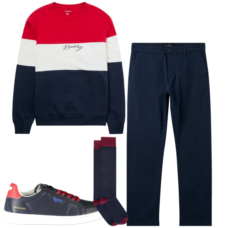 Outfit uomo - City. Stile Casual per Tutti i giorni. Abbinamento con felpe, pantaloni chino, sneakers, calzini.