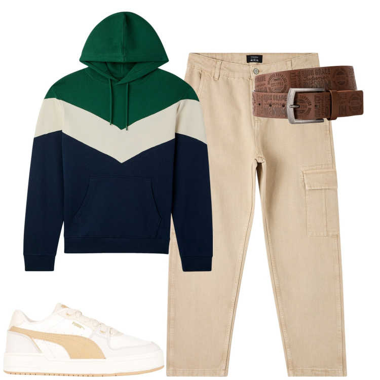 Outfit uomo - City. Stile Casual per Tutti i giorni. Abbinamento con sneakers, cinture, felpe con cappuccio, pantaloni cargo.