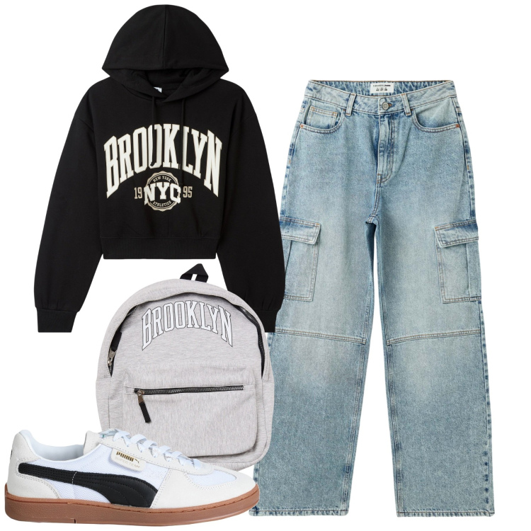 Outfit donna - Back to school. Stile Casual per Scuola/Università. Abbinamento con sneakers, jeans, borse sportive, felpe con cappuccio.