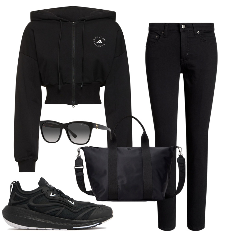 Outfit donna - City. Stile Sporty chic per Tutti i giorni. Abbinamento con occhiali da sole, borse tote, jeans, felpe con cappuccio, sneakers.