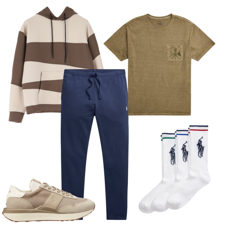 Outfit uomo - La felpa a righe. Stile Casual per Sport. Abbinamento con felpe con cappuccio, calzini, pantaloni, sneakers, t-shirt.