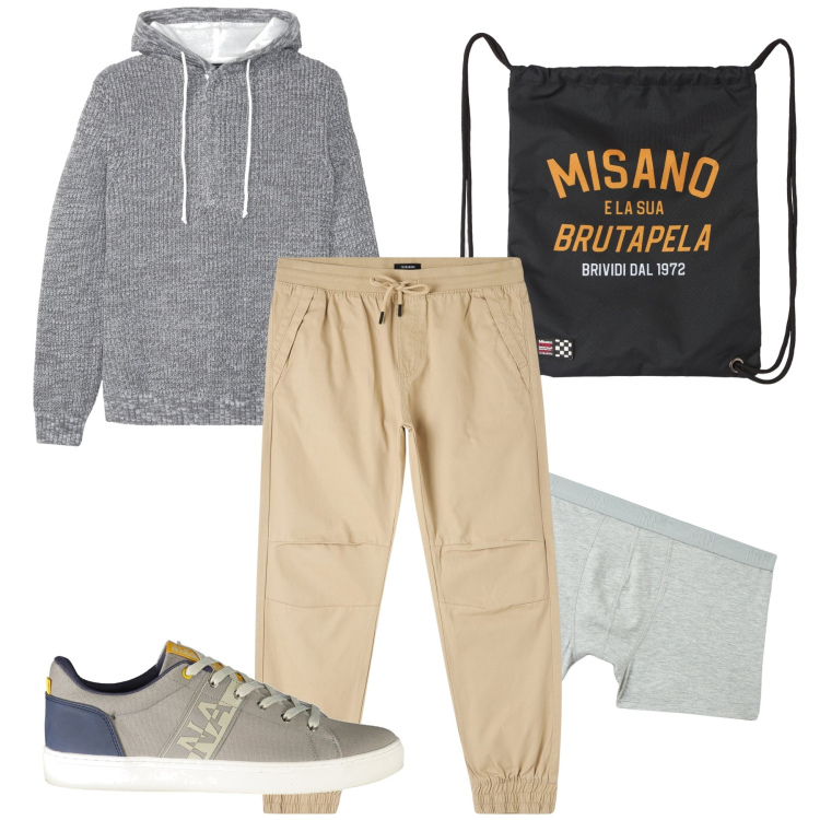 Outfit uomo - La sacca con scritta. Stile Casual per Sport. Abbinamento con maglieria, pantaloni, borse sportive, boxer, sneakers.