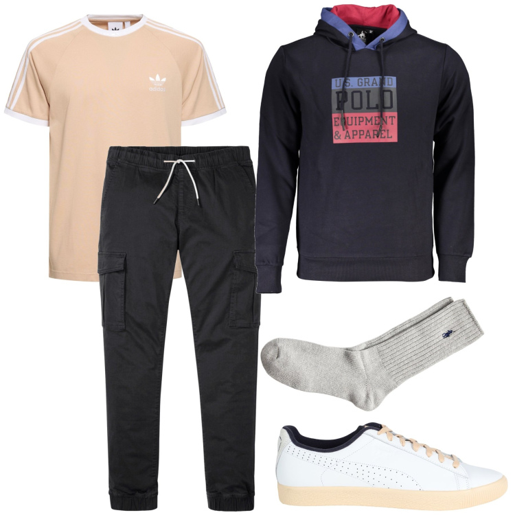 Outfit uomo - La t-shirt dell’Adidas. Stile Casual per Sport. Abbinamento con pantaloni cargo, sneakers, calzini, felpe con cappuccio, t-shirt.