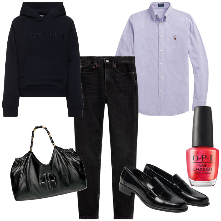 Outfit donna - Lo smalto per la femminilità. Stile Mannish per Tutti i giorni. Abbinamento con smalti, jeans slim fit, camicie, mocassini, felpe con cappuccio, shopping bag.