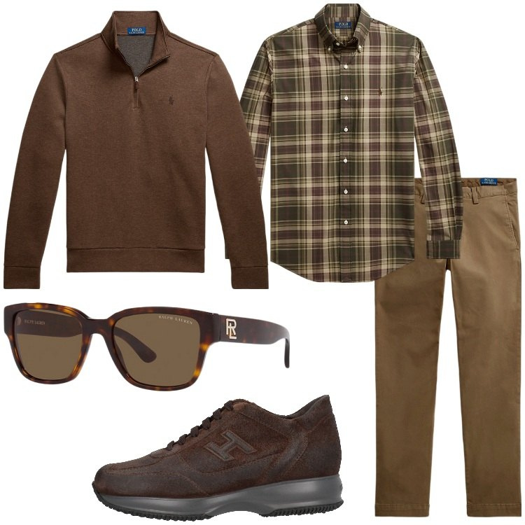 Outfit uomo - Moka e variazioni di marrone. Stile Casual per Tutti i giorni. Abbinamento con sneakers, occhiali da sole, pantaloni, camicie, pullovers.