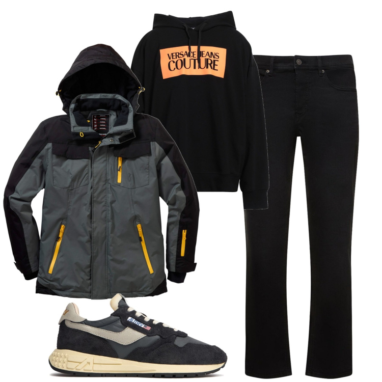 Outfit uomo - Rainy day. Stile Casual per Tutti i giorni. Abbinamento con giacche, felpe con cappuccio, sneakers, jeans.