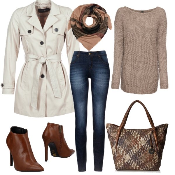 Outfit donna - Trendy. Stile Trendy per Tutti i giorni. Abbinamento con jeans skinny, pullover marrone e corda, stivaletti con zip a punta tinta unita, trench beige, borsa a secchiello con zip, sciarpa.