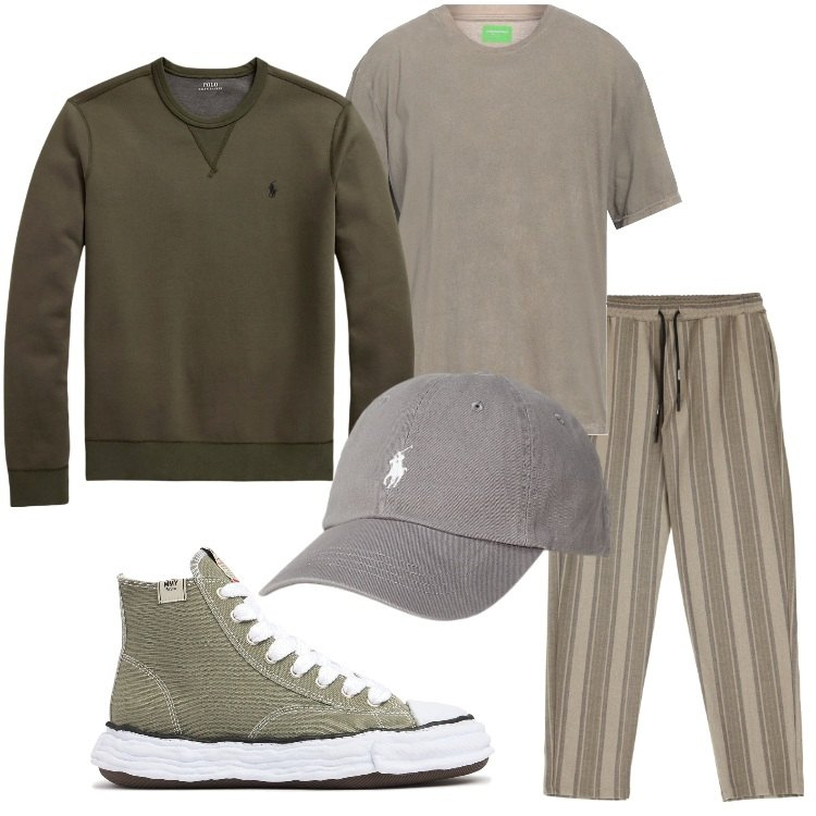 Outfit uomo - I pantaloni a righe. Stile Casual per Tutti i giorni. Abbinamento con t-shirt, pantaloni, cappelli, felpe, sneakers.
