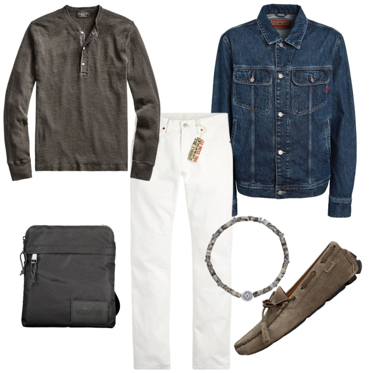 Outfit uomo - Jeans bianchi. Stile Casual per Tutti i giorni. Abbinamento con jeans, braccialetti, t-shirt, scarpe stringate, jeans slim fit, portafogli.