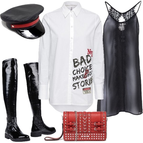 Outfit donna - La camicia dice tutto. Stile Rock per Serata fuori. Abbinamento con sottoveste con pizzo crêpe, stivali effetto vernice con tacco squadrato e zip con punta tonda tinta unita, camicia lunga con stampa, cappello contrasto nero, pochette con borchie.